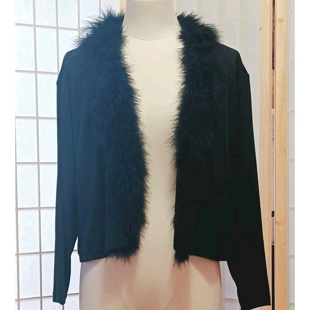 Calvin Klein Black Knit Whimsy Goth Fur Trim Cardigan Size XL